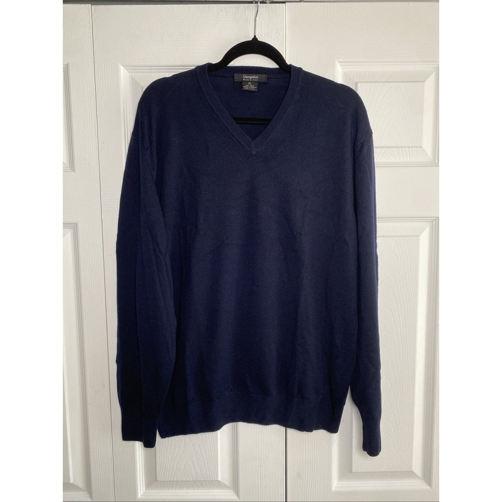 Giorgiolini V-Neck Sweater Mens Size XL Navy Blue Merino Wool Made In Italy